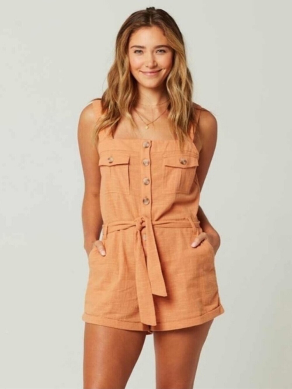 l*space Getaway Romper Orange Button-Front With Tie-Waist